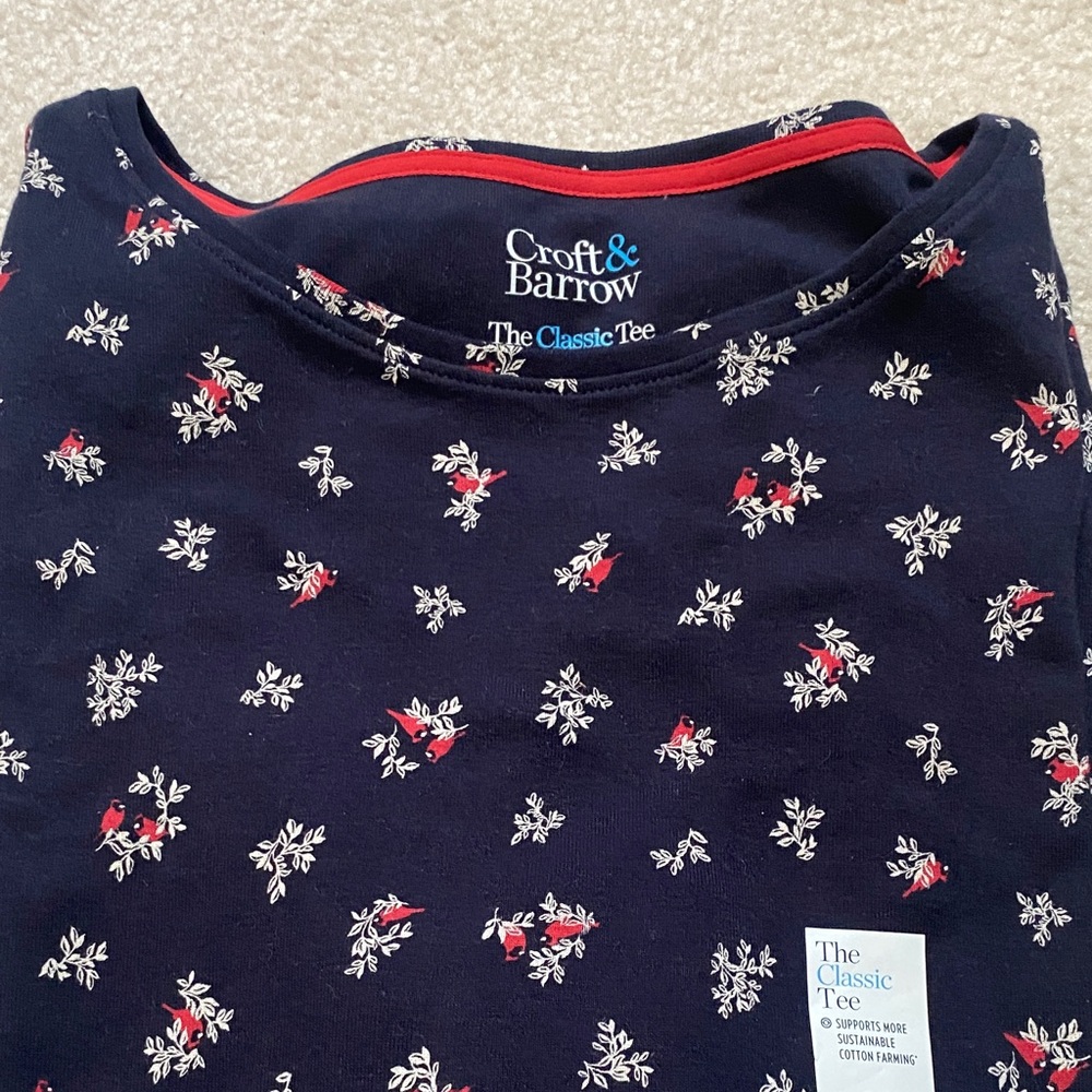 Croft & Barrow Navy long sleeve Tee w/Red and White Floral/ Red bird Design.
